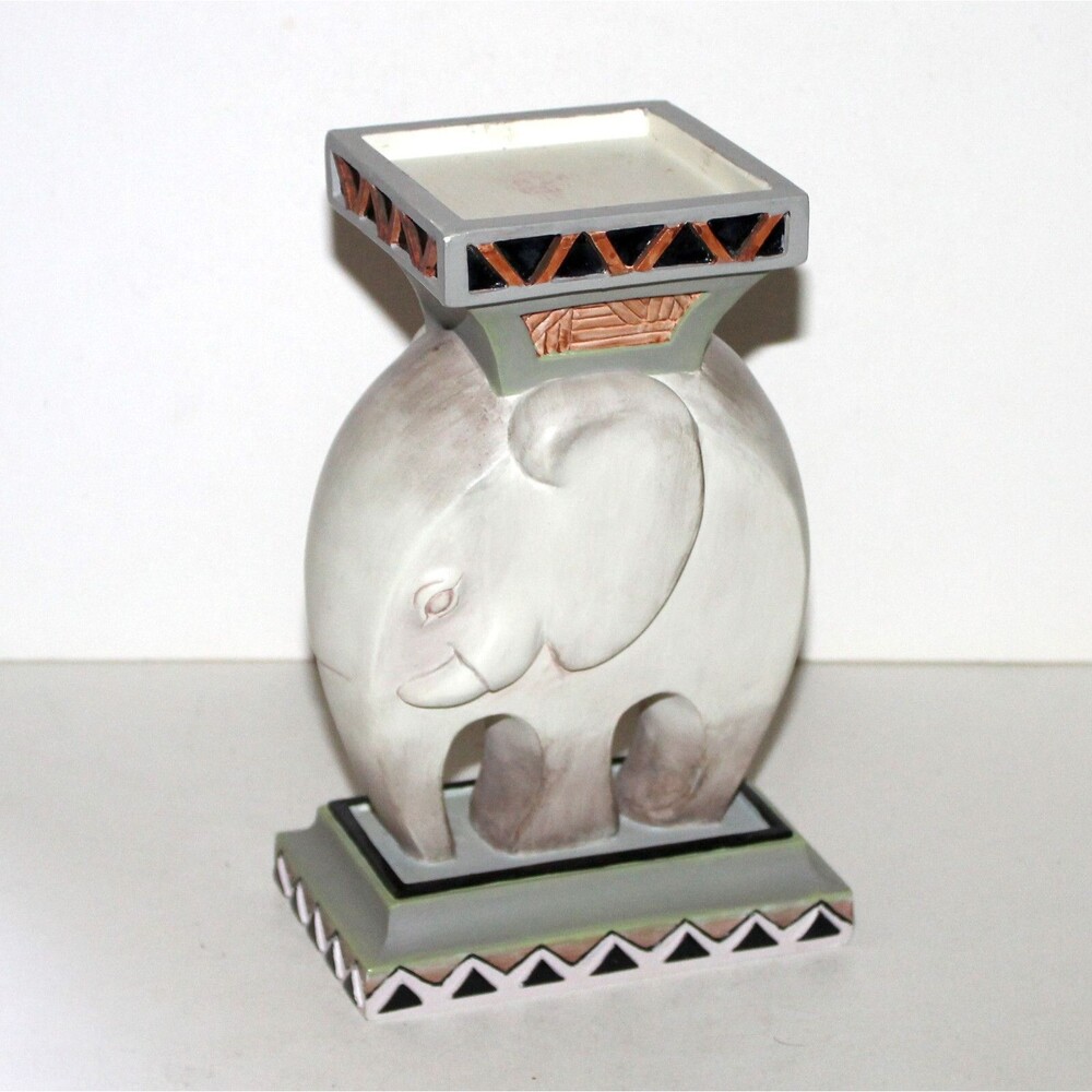 Stylized Elephant Pedestal modern 8” gray Africa figure candle base stand decor